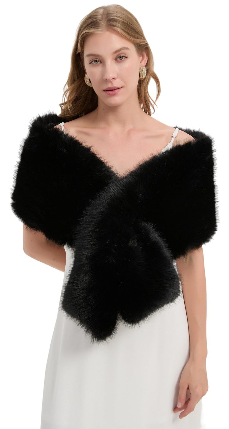 DJBM Women's Faux Fur Shawl Wraps Cloak Coat Sweater Cape for Evening Party Silver - Image 1